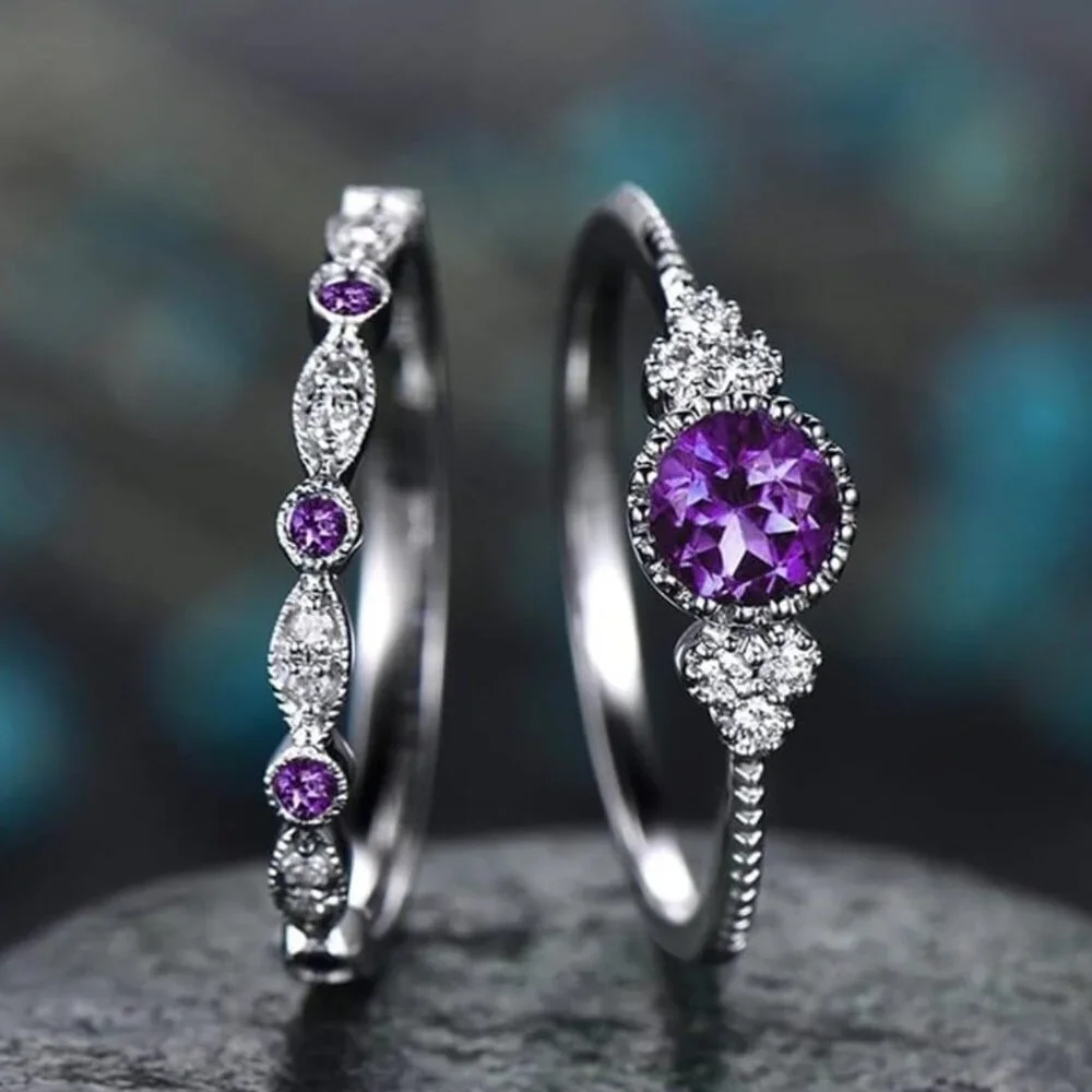 NEW 925 Sterling Silver Diamond Amethyst Ring Purple Stone Ring Set of 2 Rings